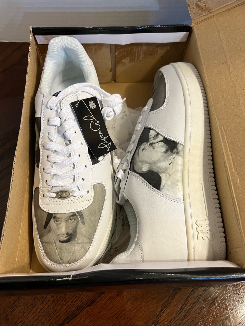 Makaveli Branded Men's White Leather Low-Top Sneakers with Gray Photo Print